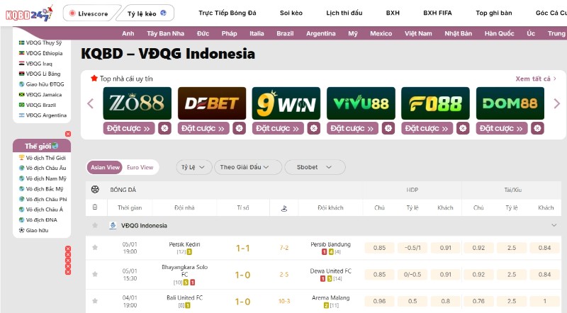 Theo dõi kết quả Super League Indonesia trên KQBD 247